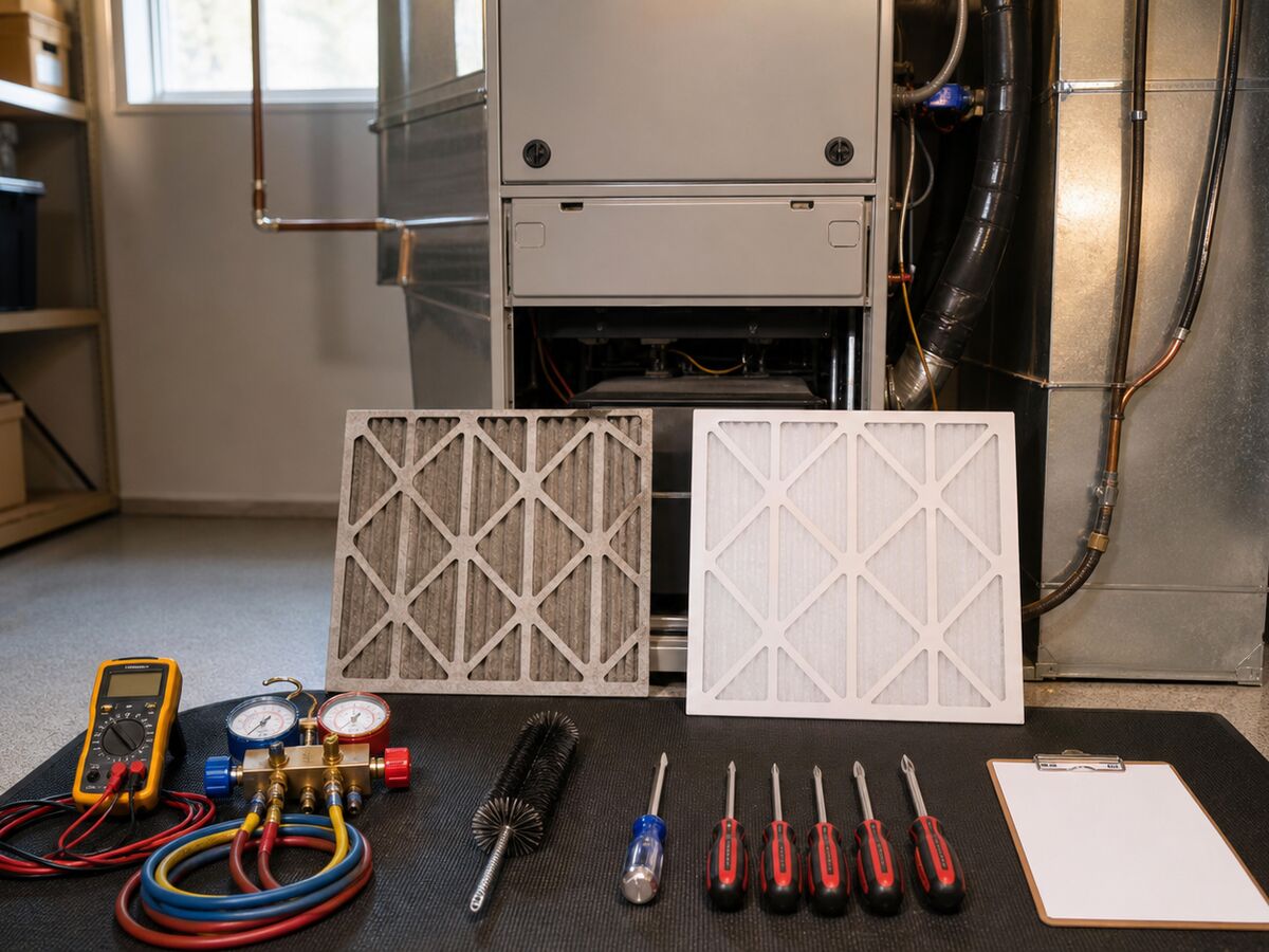 Filters, gauges and hand tools laid out before a service