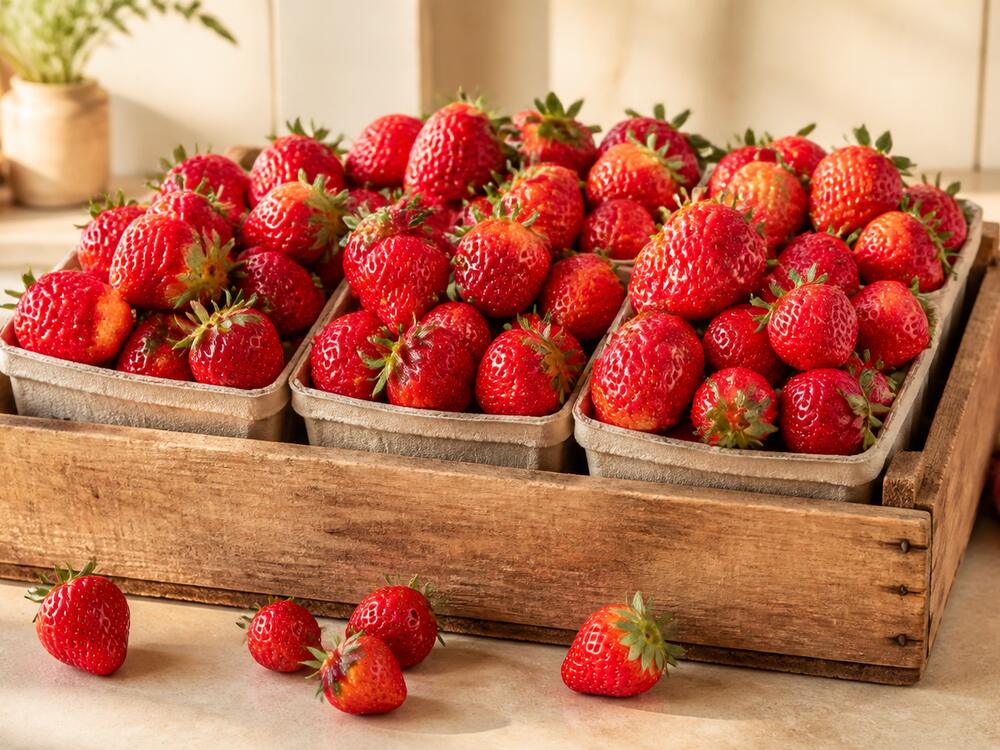 A wooden crate of strawberry punnets